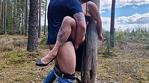 Handcuffed Milf On The Tree In Public Forest And Fucking Her Good