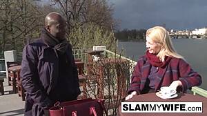 Blonde slut sucks huge black cock then takes it in her ass for cumshot