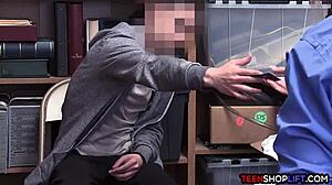 Female mall cop milf blackmails young guy into sex.