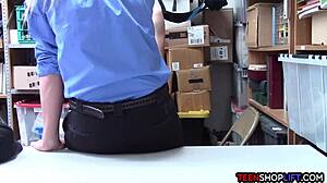 Female mall cop milf blackmails young guy into sex.