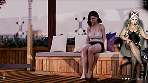 ms denvers in stockings plays naughty game with big tits in public cosplay.