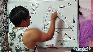 asian teacher teaches math to nerd student in bedroom