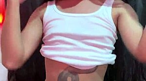 Naughty transsexual cums on feet without panties