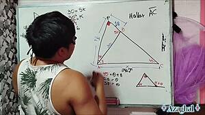 asian teacher teaches math to nerd student in bedroom