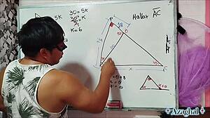 asian teacher teaches math to nerd student in bedroom