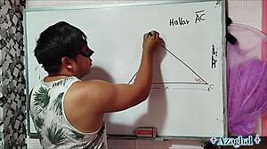 asian teacher teaches math to nerd student in bedroom