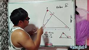 asian teacher teaches math to nerd student in bedroom