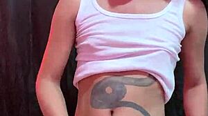 Naughty transsexual cums on feet without panties