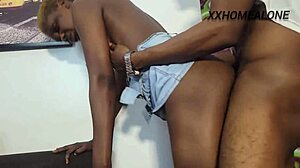 Pretty Girl with Jean Mini Skirt Takes Backshot Doggystyle on the Chair