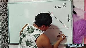 asian teacher teaches math to nerd student in bedroom