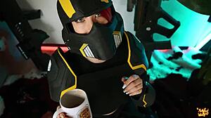 Helldivers cosplay teen mollyredwolf blows and swallows cum in liber tea cup