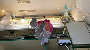 super sexy slim eighteen chick works in pear thongs and braless lingerie