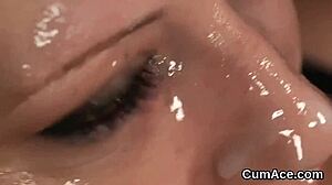wacky idol takes cum shot on face, eating all the jizz in blowbang