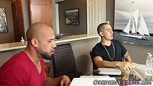 teen dominated by two monster cocks in rough group mmf.