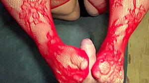 Chubby wife in red stockings does footjob for neighbor, pov close-up, while husband travels