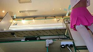 super sexy slim eighteen chick works in pear thongs and braless lingerie