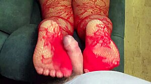 Chubby wife in red stockings does footjob for neighbor, pov close-up, while husband travels