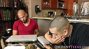 teen dominated by two monster cocks in rough group mmf.