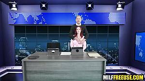 Hot redhead milfs intensely freeused in threesome during news broadcast