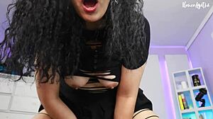 Latina girl masturbates with vibrator under miniskirt to orgasm.