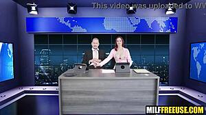 Hot redhead milfs intensely freeused in threesome during news broadcast