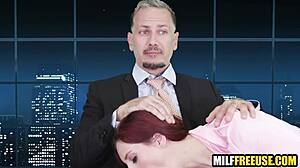 Hot redhead milfs intensely freeused in threesome during news broadcast