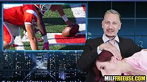 Hot redhead milfs intensely freeused in threesome during news broadcast