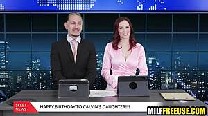 Hot redhead milfs intensely freeused in threesome during news broadcast