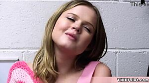 cute faced shoplifter coco caught in the sex shop and now she must offer her tiny pussy