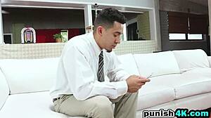 In the garage this blonde teen faces punishment riding hard cowgirl style on a big cock pounding her shaved pussy deep.