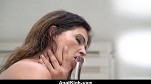 I shove my big dick deep into that horny milf's tight asshole while she moans