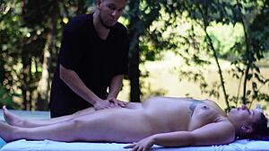 the masseur makes the chubby babe squirt publicly with fingers