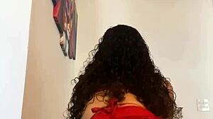 Curly Haired Hottie Twerking In Red Lingerie After Removing Panties