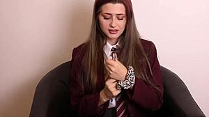 British student with blue eyes gives jerk off instructions in costume