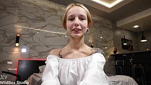 Skinny Blonde Girl Next Door Gives Sensual Blowjob.