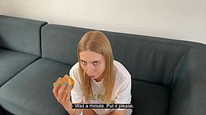 Blonde teen gives deepthroat blowjob for free rent