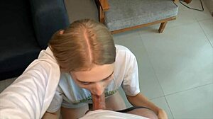Blonde teen gives deepthroat blowjob for free rent