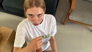 Blonde teen gives deepthroat blowjob for free rent