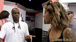 Blonde in garage gloryhole takes monster cock and swallows cum