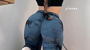 Latina housewife shows off her perfect round ass in leggings during workout