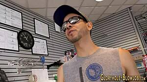 Blonde in garage gloryhole takes monster cock and swallows cum