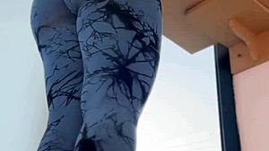 Latina housewife shows off her perfect round ass in leggings during workout