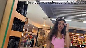 In the public supermarket, a beautiful woman engages in cumwalk with facial fetish and outdoor blowjob