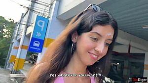 In the public supermarket, a beautiful woman engages in cumwalk with facial fetish and outdoor blowjob