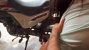 Public sex riding with neighbors outside, creampie in Colombian