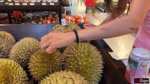 In the public supermarket, a beautiful woman engages in cumwalk with facial fetish and outdoor blowjob