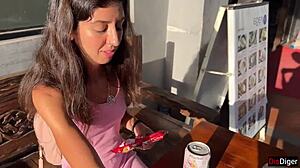 In the public supermarket, a beautiful woman engages in cumwalk with facial fetish and outdoor blowjob