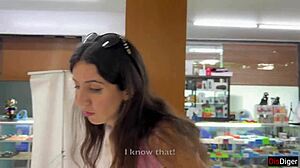 In the public supermarket, a beautiful woman engages in cumwalk with facial fetish and outdoor blowjob