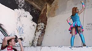 Kira Roller - tattooed redhead fucks in a colorful outfit with stockings, cum on small tits, and cowgirl.