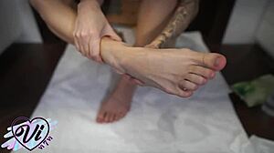 Brunette Displays Her Oiled Feet In Close-Up Fetish View